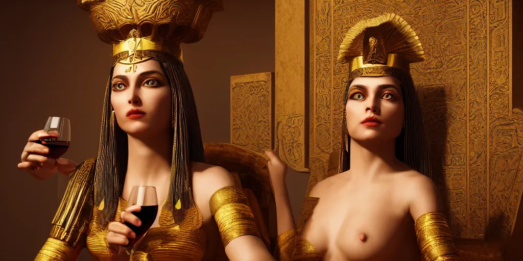 Image similar to Cleopatra drinking wine on her throne, her face is symmetrical hyper-realistic, Unreal Engine, Octane Render, digital art, trending on Artstation, 8k, detailed, atmospheric, immaculate