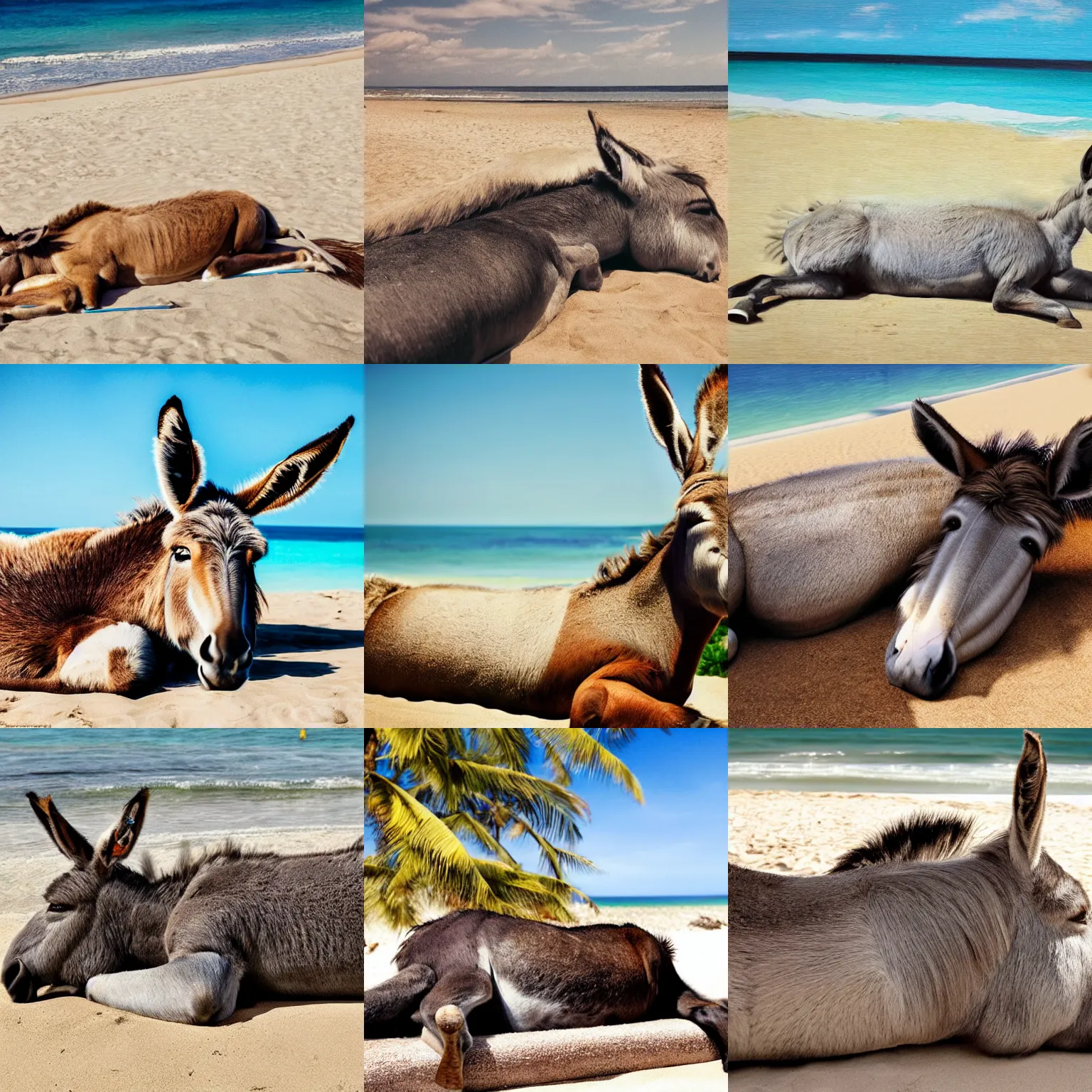 Prompt: A donkey lying on a sunbed near the beach, photorealistic