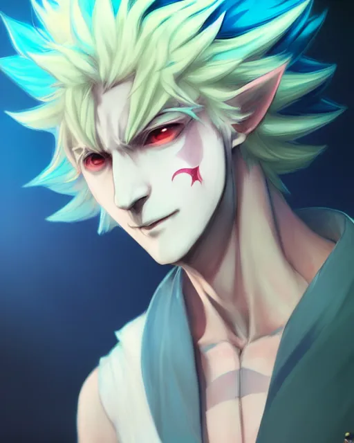 Image similar to extremely attractive soft feminine male as a jester anime character screenshot, nagito komaeda and hisoka jester, anime feminine male fool, intricate, sharp focus, illustration, highly detailed, digital painting, cell shaded, concept art, matte, art by ilya kuvshinov and kyoto animation and wlop, ruan jia, greg rutkowski, studio quality