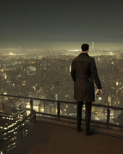 Prompt: a night rooftop scene, close up shot of a photorealistic gangster wearing a trench coat looking at the city below, unreal engine