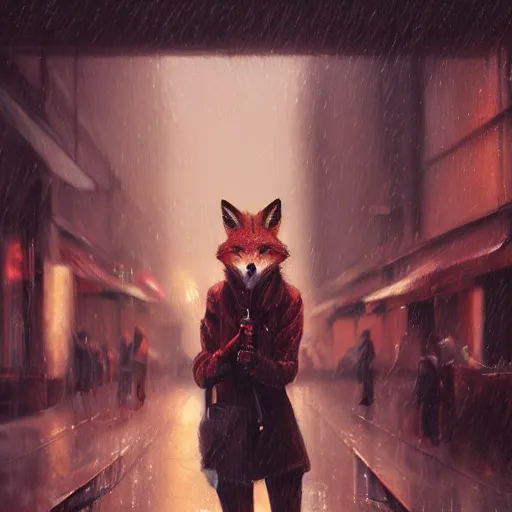 Image similar to beautiful portrait of a female anthro fox, smoking a cigarette in the rain, in crowded and wet street of a city, melancholic, cyberpunk, harsh neon lights, highly detailed, deep shadows, digital painting, shallow depth of field, illustration, art by sakimichan and greg rutkowski