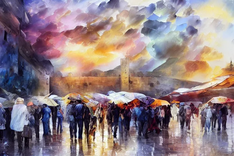 Prompt: paint brush strokes, abstract watercolor painting of western wall in jerusalem in the rain, cinematic light, american romanticism by hans dahl, by jesper ejsing, by anders zorn, by greg rutkowski, by leonid afremov