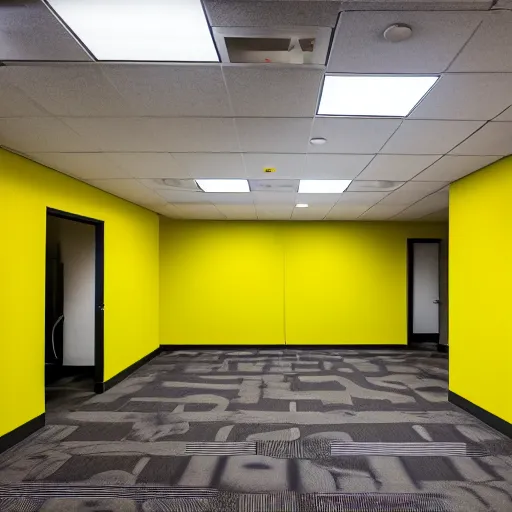 Image similar to a photograph of an emty office with mono yellow walls,brown moist carpet and fluorescent lights,creepy,eerie,4k,real photo,natural lights,mysterious,professional photography,nostalgic,old