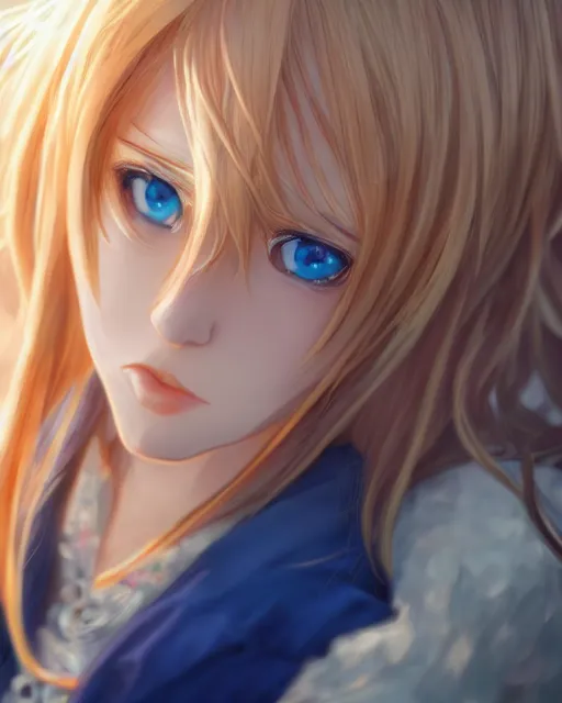 Prompt: Alice by Andrew Khok and Mitsu Art and Aniplex, Alicization, flowing blonde hair, anime, symmetrical face, blue eyes, elegant, (sunset), trending on artstation, artstationHD, artstationHQ, patreon, 4k, 8k, unreal engine, exquisite detail, beautiful