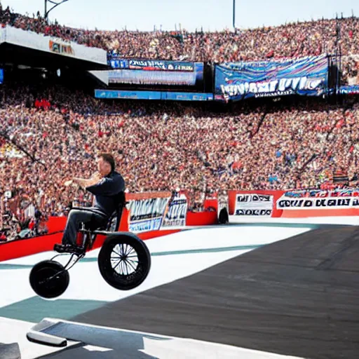 Prompt: jerry seinfeld jumping a wheelchair at x games magazine photo