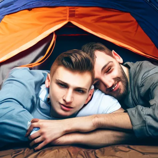 Prompt: two very handsome young men are cuddling in a tent