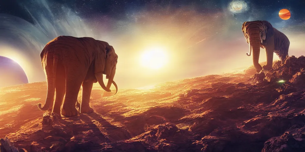 Image similar to planet - sized tiger elephant in space, next to the sun and stars, very wide shot, epic composition, hyper detailed, digital art, trending in artstation, cinematic lighting, studio quality, unreal engine 5 rendered, art style by klimt and nixeu and ian sprigger and wlop and krenz cushart