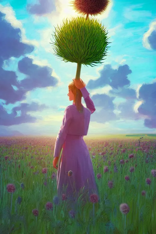 Image similar to portrait, giant thistle flower under head, a girl in a suit in field of flowers, surreal photography, sunrise, blue sky, dramatic light, impressionist painting, digital painting, artstation, simon stalenhag