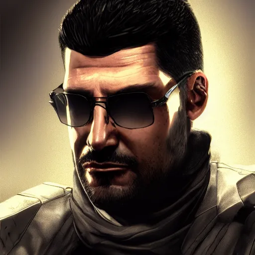 Image similar to Adam Jensen from Deus Ex as a GTA character, by Cedric Peyravernay, highly detailed, hyperrealism, excellent composition, cinematic concept art, dramatic lighting, trending on ArtStation