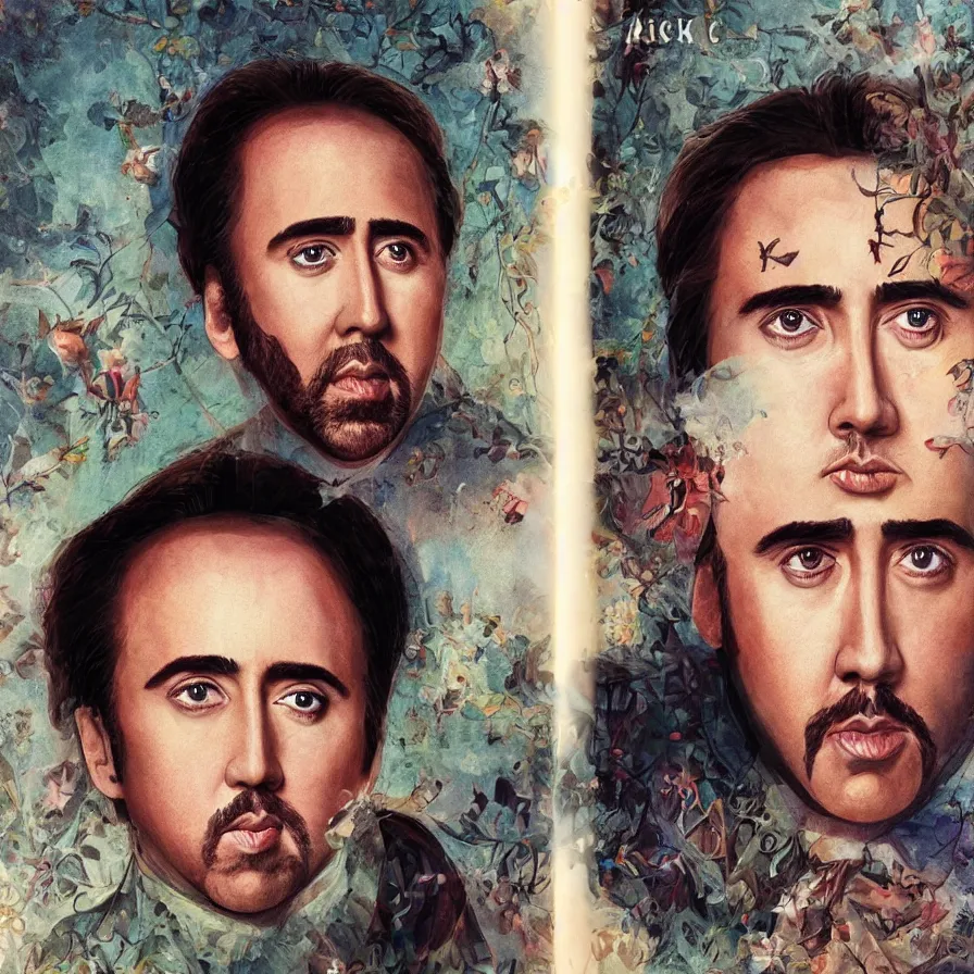 Prompt: a beautiful Nicolas Cage with large eyes and small nose, children\'s book cover