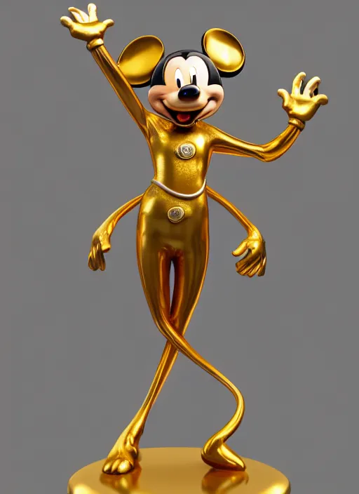 Image similar to stylized gold onyx ornate statue full body made of marble of disney character mickey mouse, perfect symmetrical body, perfect symmetrical face, hyper realistic, hyper detailed, by johannen voss, by michelangelo, octane render, blender, 8 k, displayed in pure white studio room