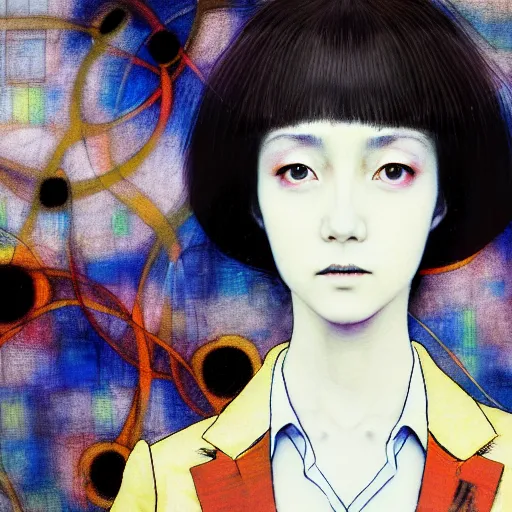 Image similar to yoshitaka amano blurred and dreamy realistic three quarter angle portrait of a young woman with short hair and black eyes wearing office suit with tie, junji ito abstract patterns in the background, satoshi kon anime, noisy film grain effect, highly detailed, renaissance oil painting, weird portrait angle, blurred lost edges