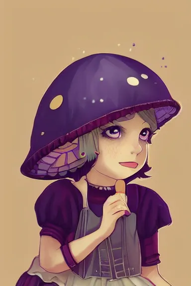 Image similar to a little girl wearing a mushroom hat in dress sitting | | purple curvy hair, pretty face, fine details, digial art by lois van baarle, anatomically correct, perfect composition, symmetrical, fantastic, clean details, anime character, extremely detailed