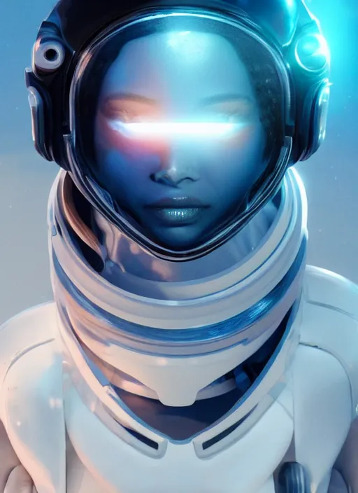 Image similar to Zoe Kravitz with short hair as a futuristic astronaut, helmet with led lights, underwater in the ocean at night, clear water, volumetric lighting, glowing lights, 4k, octane, underwater photography, artstation, concept art, sharp focus, wide angle view,