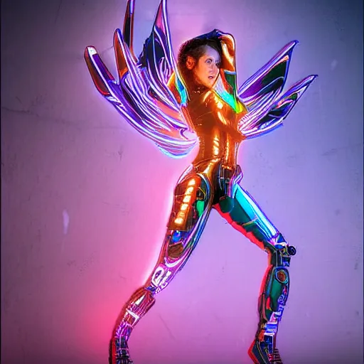 Image similar to Cyborg Woman, full-body shot of a woman with large mechanical wings, neon art style, futuristic art style, digital art, 8k quality, by Leo Avero and Eva Balloon, award-winning art