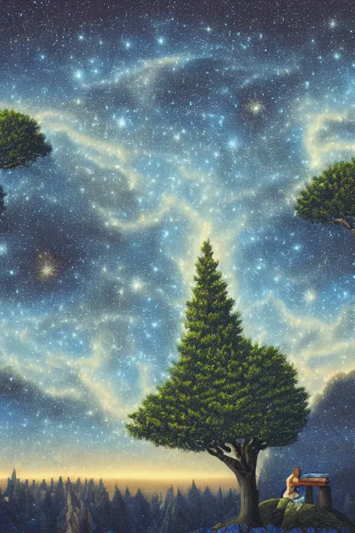 Prompt: A beautiful ultra detailed matte painting a galaxy sky and stars at night trees, by rob Gonsalves, trending on artstation