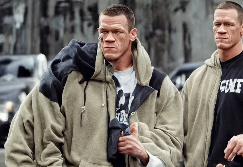 Image similar to john cena in a hoodie portraying marshall mathers in 8 mile.