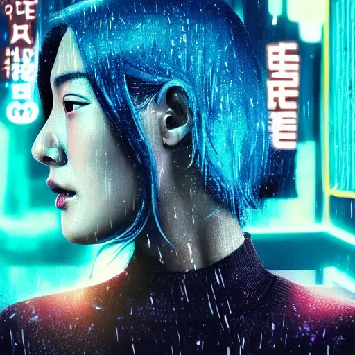 Image similar to a film still of jun ji hyun in bladerunner 2 0 4 9 in the rain with blue hair, cute - fine - face, pretty face, cyberpunk art by sim sa - jeong, cgsociety, synchromism, detailed painting, glowing neon, digital illustration, perfect face, extremely fine details, realistic shaded lighting, dynamic colorful background