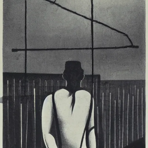 Prompt: a man in front of a high wire fence, bauhaus, dystopian art
