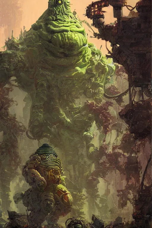 Image similar to pulp scifi fantasy illustration full body portrait of robby the robot on forbidden plant, monster from the id in the background, by norman rockwell, jack kirby, bergey, craig mullins, ruan jia, jeremy mann, tom lovell, 5 0 s, astounding stories, fantasy