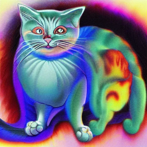 Image similar to cat merged with a computer monitor, surreal, colorful, artwork by Ralph Bakshi