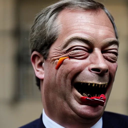 Prompt: Nigel Farage as a ventroquial dummy, hinged jaw, wires, lacquered, glossy, (cracked) varnish, ((photo))