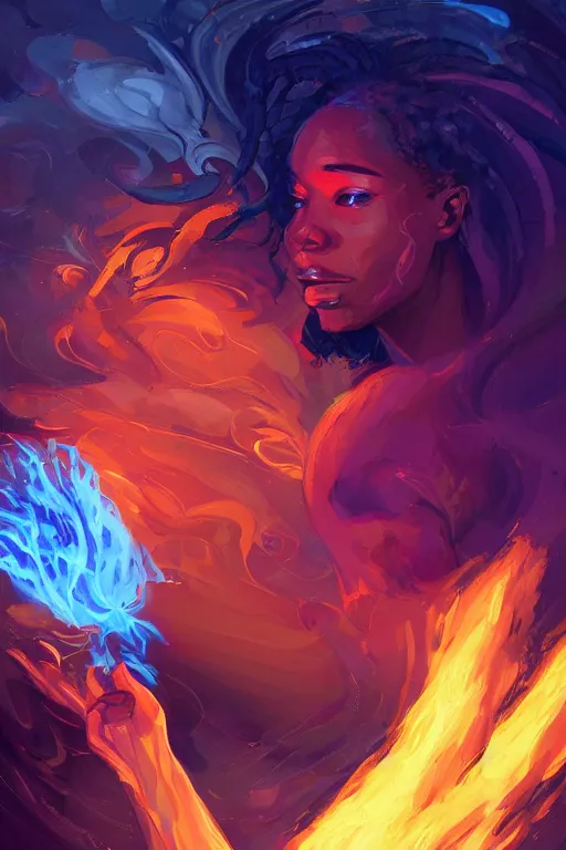 Prompt: prometheus giving the divine gift of fire to a black woman programming a computer, digital painting bioluminance alena aenami artworks in 4 k design by lois van baarle by sung choi by john kirby artgerm style pascal blanche and magali villeneuve mage fighter assassin