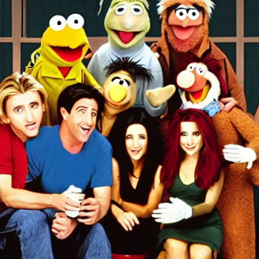 Prompt: the cast of Friends as muppets in a cafe