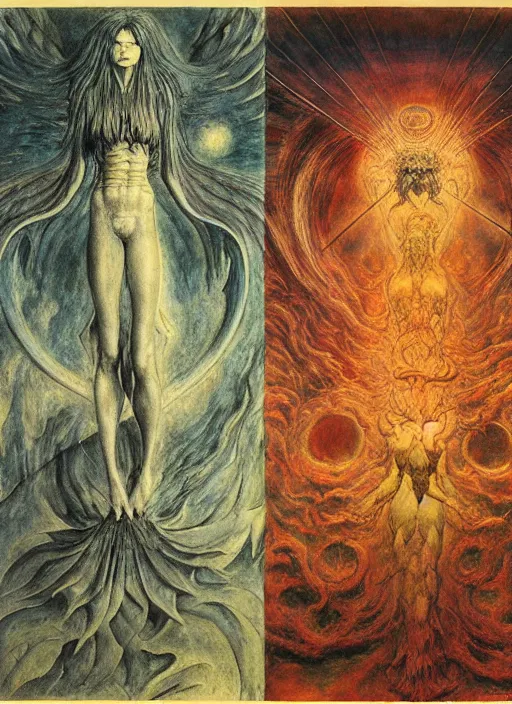 Prompt: eternal battle between good and evil , psx game graphics , painting by Beksinski and Moebius and Takato Yamamoto, by William Blake, Austin Osman Spare, high resolution, ultra detailed