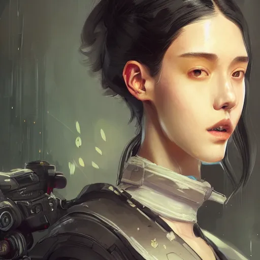 Image similar to a pale skinny white young girl, black hair, the hime cut, 1 8, k - pop fashion, apex legends character, digital illustration portrait design, by android jones and greg rutkowski, retrowave color scheme, detailed, cinematic lighting, wide angle action dynamic portrait