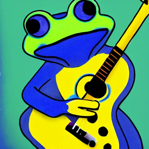 Image similar to frog playing on guitar, blue background, photorealistic