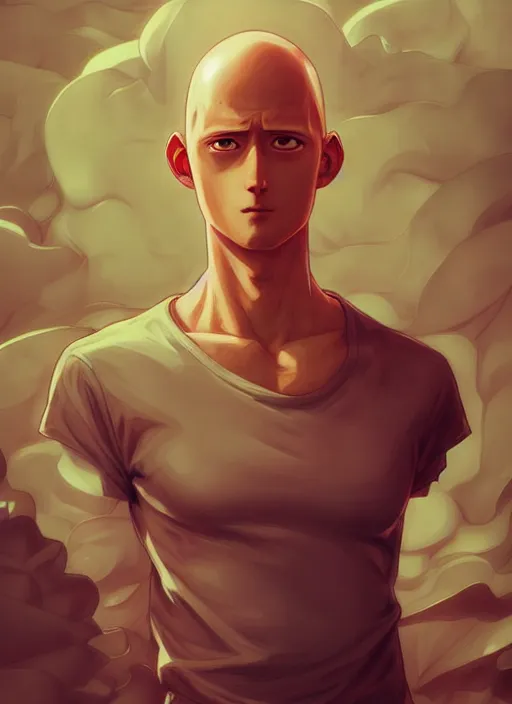 Image similar to handsome saitama, half body shot, path traced, highly detailed, high quality, digital painting, alena aenami, lilia alvarado, shinji aramaki, karol bak, alphonse mucha, tom bagshaw