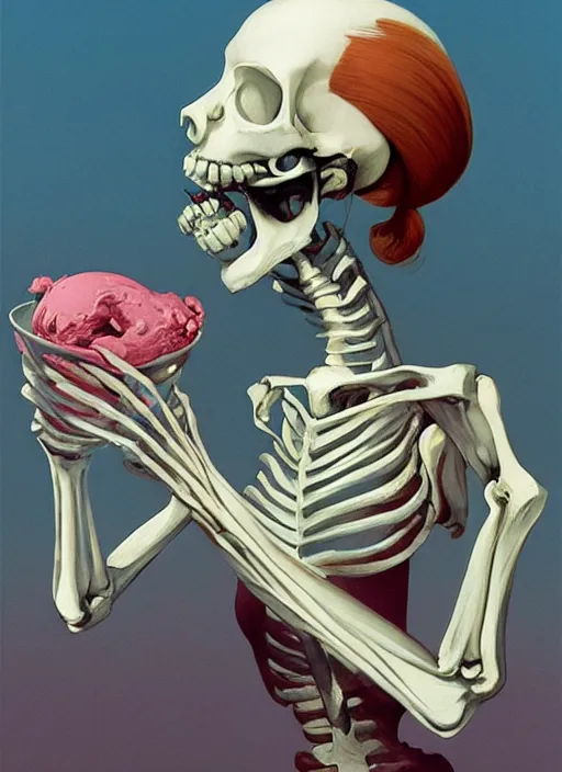 Image similar to woman skeleton holding ice cream Edward Hopper and James Gilleard, Zdzislaw Beksinski highly detailed