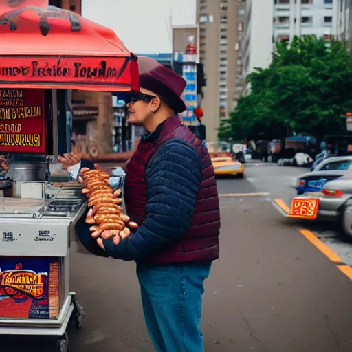 Image similar to portrait of a strange man selling hot dogs, 🌭, eccentric, canon eos r 3, f / 1. 4, iso 2 0 0, 1 / 1 6 0 s, 8 k, raw, unedited, symmetrical balance, wide angle