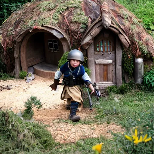 Image similar to a kid in swat gear storming a hobbit house.