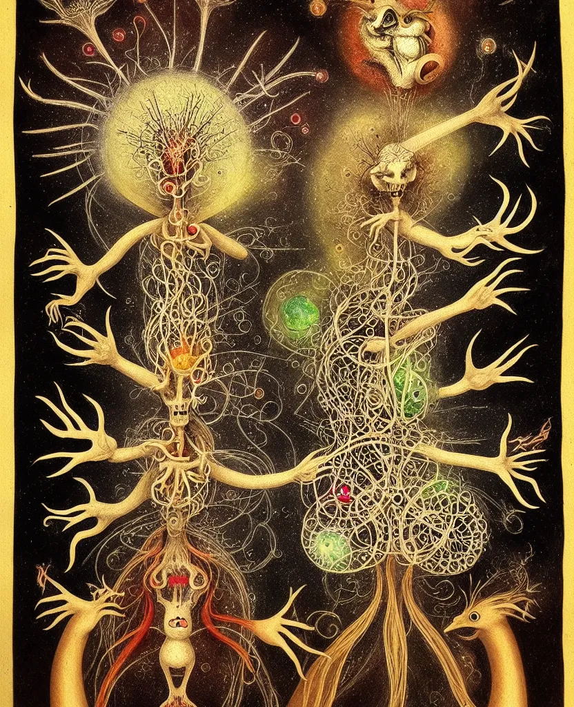 Image similar to whimsical freaky creature sings a unique canto about'as above so below'being ignited by the spirit of haeckel and robert fludd, breakthrough is iminent, glory be to the magic within, painted by ronny khalil