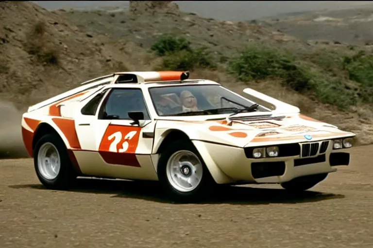 Image similar to ((BMW M1)) Lancia Stratos!!, movie still, speed, cinematic Eastman 5384 film