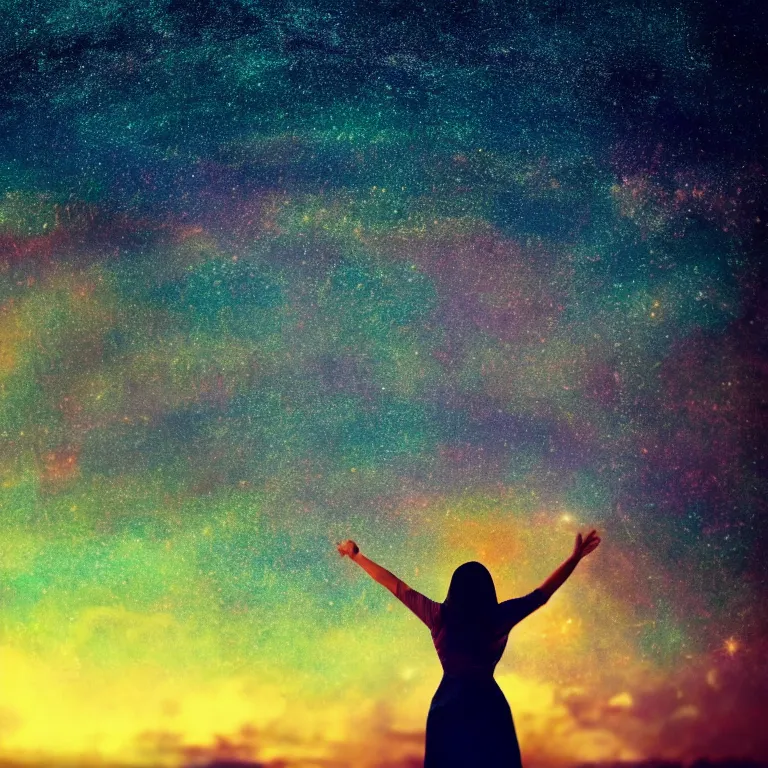 Image similar to a beautiful landscape of a starry sky with an beautiful woman waving to the horizon, cinematic, dramatic, color grading, photojournalism, colorful, highly detailed