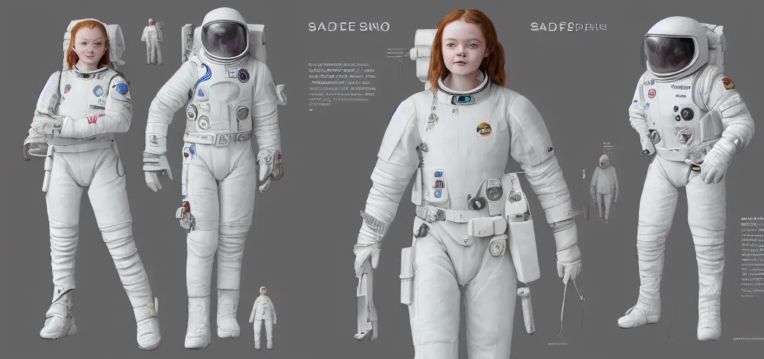 Image similar to character sheet concept art of sadie sink in a modern white spacesuit, realistic, hyperrealistic, photographic, costume, wlop, dan mumford, greg rutkowski, high detail, octane render, alexander mcqueen, james gurney, james jean, mucha, photo, 8 k, intricate