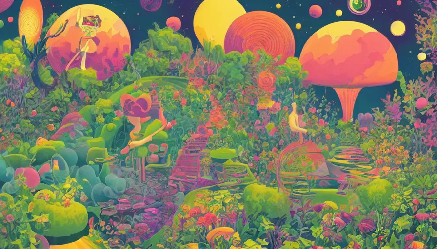 Image similar to the garden at the end of the universe, trippy, mind - bending, tom whalen, mark ryden, chip zdarsky, art station