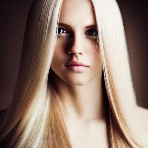 Prompt: portrait of a woman with long blonde hair, straight hair, white clothes, professional, photograph, highly detailed, beautiful face, elegant, 4k, photorealistic, dramatic lighting, trending on social media,