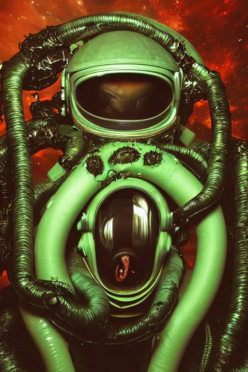 Image similar to extremely detailed studio portrait of space astronaut, alien tentacle protruding from eyes and mouth, slimy tentacle breaking through helmet visor, shattered visor, full body, soft light, disturbing, shocking realization, hyper detailed, award winning photo by eolo perfido