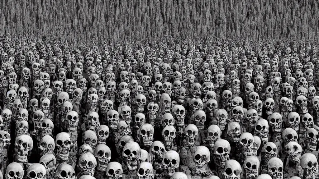 Image similar to army of skeletons In front of a mountain, cinematic,