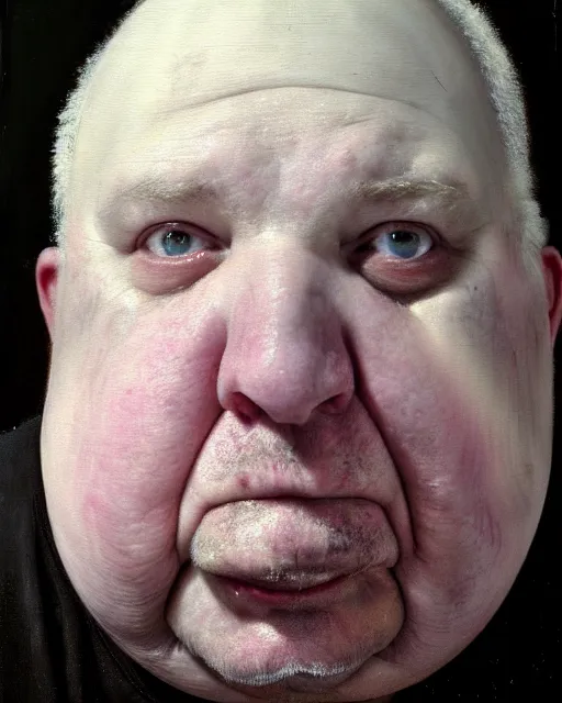 Image similar to an extreme close up portrait a very ordinary overweight old man with an blank expression, by joel peter witkin and sarah moon, very pale skin, very blurry, translucent white skin, foggy, oil painting, photorealistic, anatomically correct, beautiful perfect face, visible brushstrokes, sharp focus, highly detailed, cinematic lighting, 8 k, hd