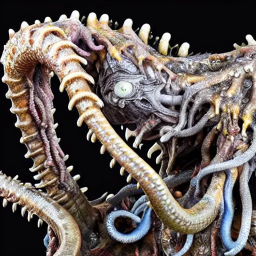 Prompt: photo taken of an epic intricate, ultra detailed, super realistic gritty, wet, slimy, lifelike sculpture of a nightmarish hellish alien creature with tentacle dreadlocks created by weta workshop for james cameron, zoomed in shots, photorealistic, sharp focus, white wall coloured workshop, cold blueish colour temperature, f 0. 4