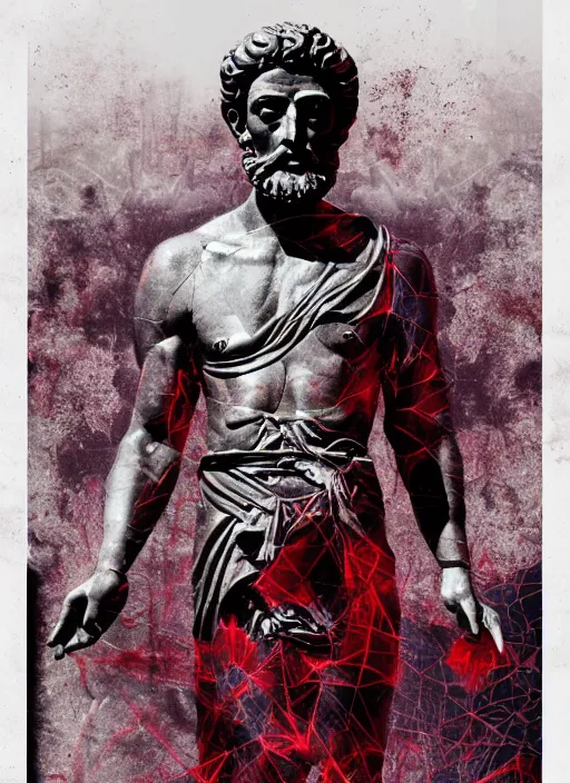 Prompt: dark design poster showing a statue of marcus aurelius, black background with very subtle red and purple design elements, powerful, nekro, guido crepax, graphic design, collage art, thin lines, dark, glitch art, neo vaporwave, gritty, layout frame, square, trending on artstation