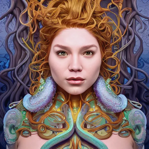 Image similar to portrait painting of octowoman, half man, half octopus, ultra realistic, concept art, intricate details, extremely detailed, photorealistic, octane render, 8 k, unreal engine. art by artgerm and dan mumford and alphonse mucha and studio ghibli