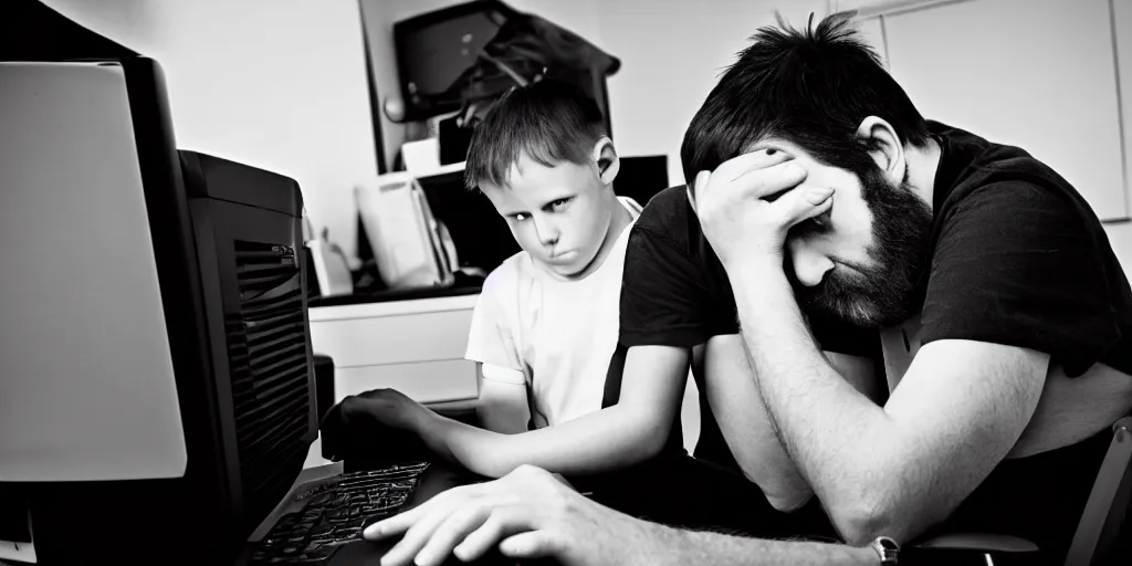 Prompt: black and white photo of hangover man behind computer and sad kid near the man