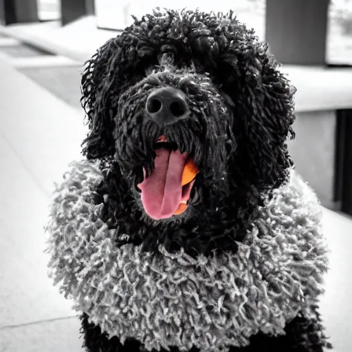 Image similar to a closeup photorealistic photograph of a cute smiling knitted bernedoodle judge dog dressed in a black gown, presiding over the courthouse. indoors, professional capture, well lit shot. this 4 k hd image is trending on artstation, featured on behance, well - rendered, extra crisp, features intricate detail, epic composition and the style of unreal engine.