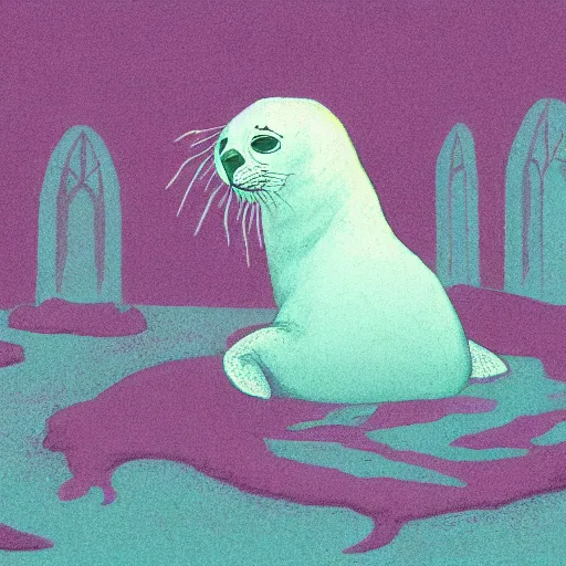Image similar to Prince in pastel!!!!, **whimsical acrylic modern pop surrealism, Even Giger-y dark overlords living in the ruins of an ancient system of tunnels and caves like to be comfy every once in a while!,** A seal sleeping peacefully in a kelp forest, **cinematic, hyper realistic, detailed, 8k, octane render**.